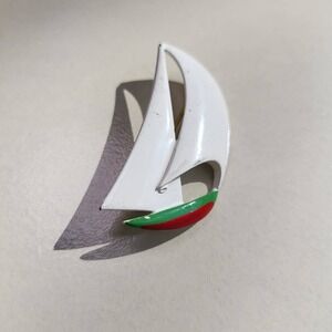 Sailboat Brooch White Vintage Enamel Nautical Lapel Pin